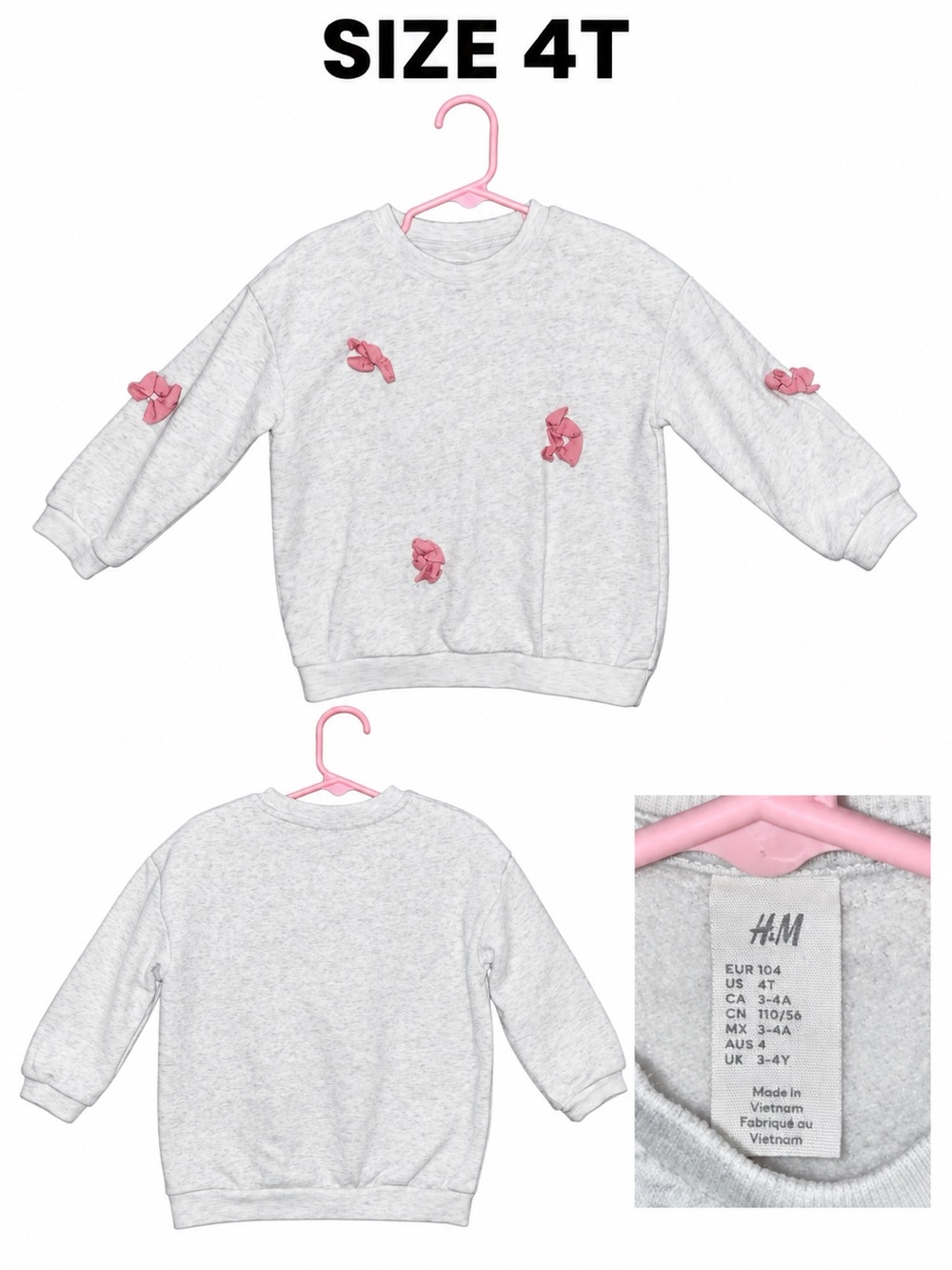 H&M Light Gray Girls Sweatshirt with Pink Bow Accents